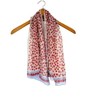 Vintage Style Cherry Print Sheer Scarf 40x14 Blue Border Lightweight Wrap
